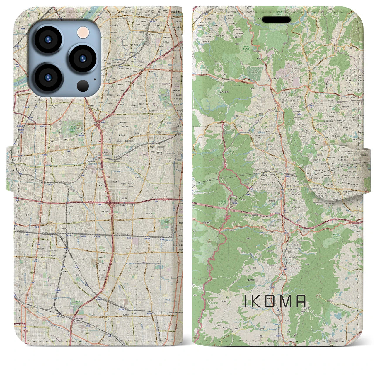 【生駒（奈良県）】地図柄iPhoneケース（手帳タイプ）ナチュラル・iPhone 13 Pro Max 用