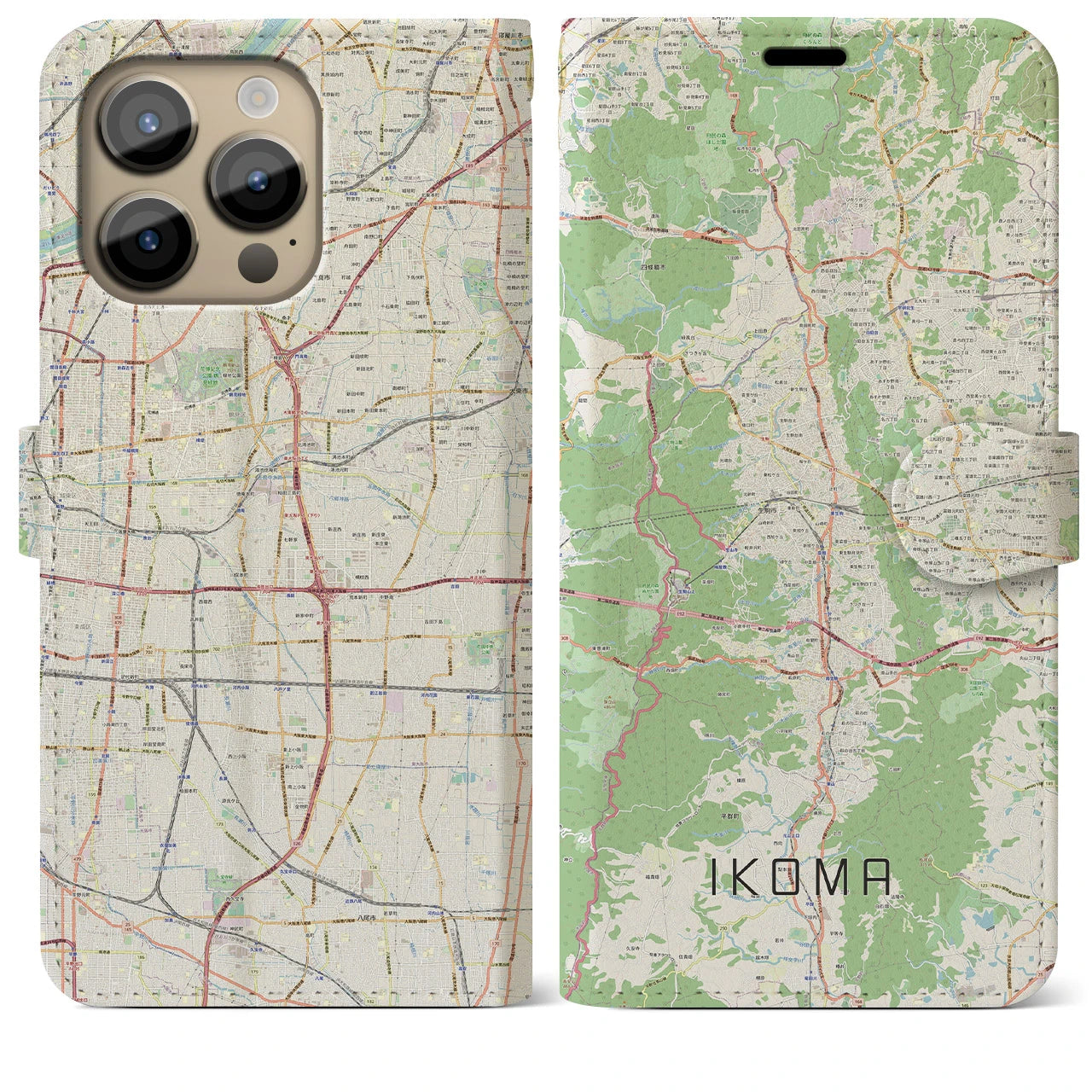 【生駒（奈良県）】地図柄iPhoneケース（手帳タイプ）ナチュラル・iPhone 14 Pro Max 用