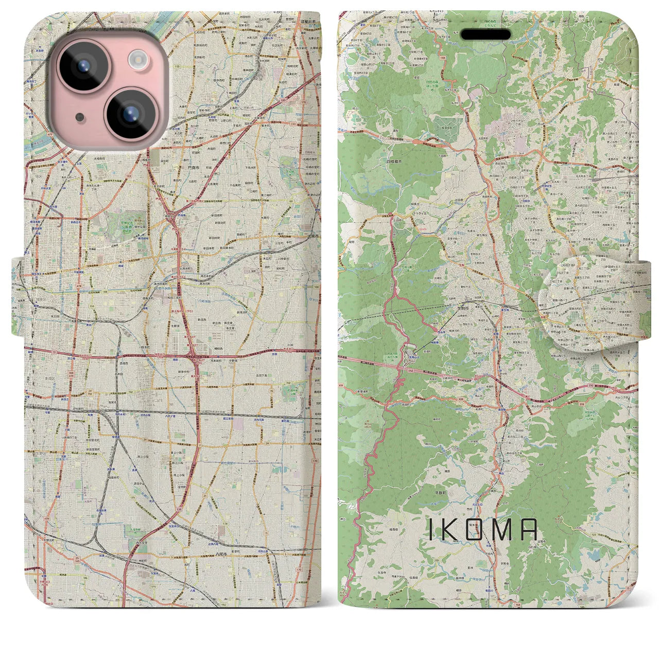 【生駒（奈良県）】地図柄iPhoneケース（手帳タイプ）ナチュラル・iPhone 15 Plus 用