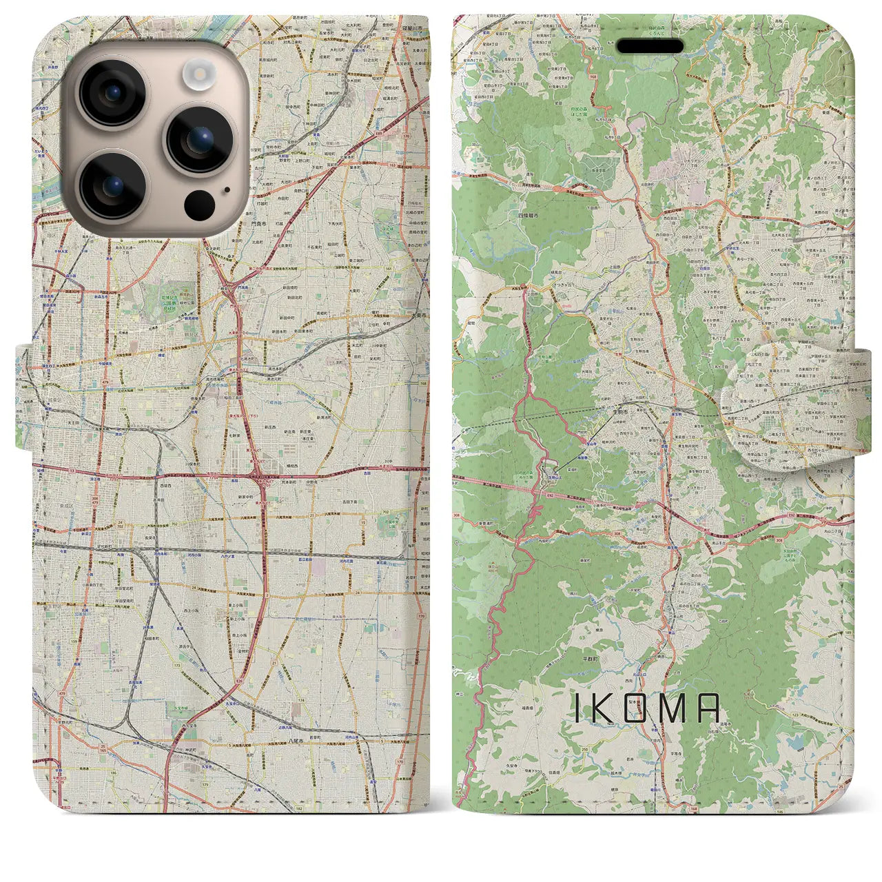 【生駒（奈良県）】地図柄iPhoneケース（手帳タイプ）ナチュラル・iPhone 16 Plus 用