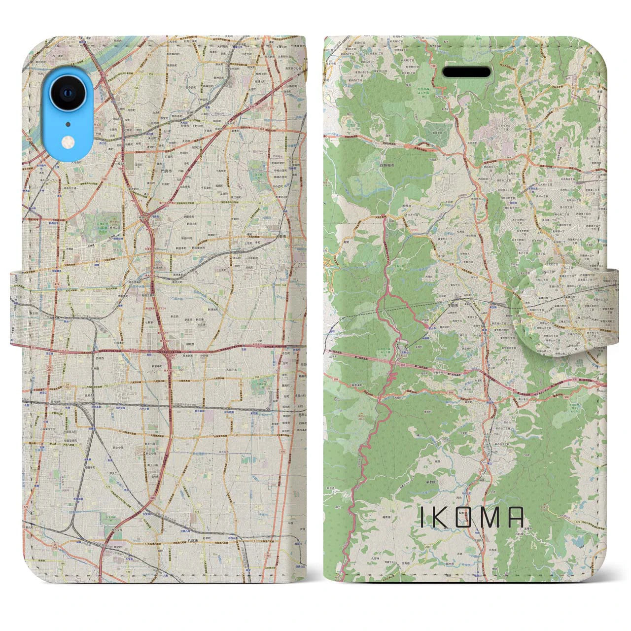 【生駒（奈良県）】地図柄iPhoneケース（手帳タイプ）ナチュラル・iPhone XR 用