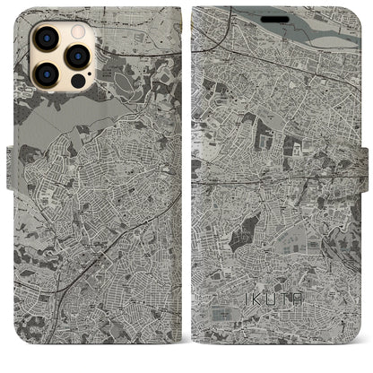 【生田（神奈川県）】地図柄iPhoneケース（手帳タイプ）モノトーン・iPhone 12 Pro Max 用