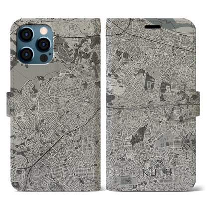 【生田（神奈川県）】地図柄iPhoneケース（手帳タイプ）モノトーン・iPhone 12 / 12 Pro 用