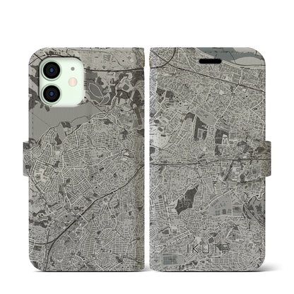 【生田（神奈川県）】地図柄iPhoneケース（手帳タイプ）モノトーン・iPhone 12 mini 用