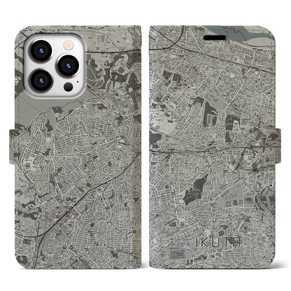 【生田（神奈川県）】地図柄iPhoneケース（手帳タイプ）モノトーン・iPhone 13 Pro 用