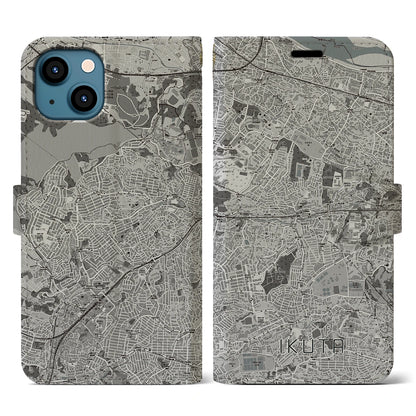 【生田（神奈川県）】地図柄iPhoneケース（手帳タイプ）モノトーン・iPhone 13 用