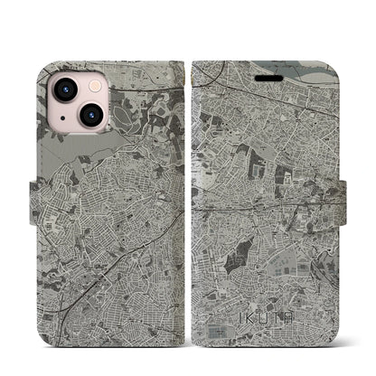 【生田（神奈川県）】地図柄iPhoneケース（手帳タイプ）モノトーン・iPhone 13 mini 用