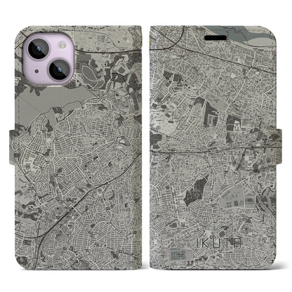 【生田（神奈川県）】地図柄iPhoneケース（手帳タイプ）モノトーン・iPhone 14 用