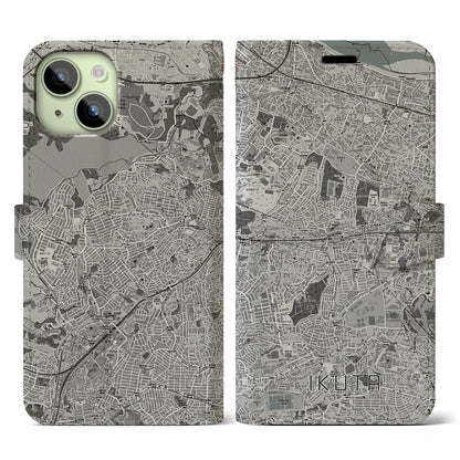 【生田（神奈川県）】地図柄iPhoneケース（手帳タイプ）モノトーン・iPhone 15 用