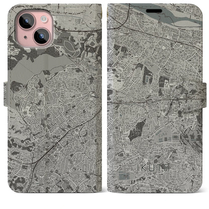 【生田（神奈川県）】地図柄iPhoneケース（手帳タイプ）モノトーン・iPhone 15 Plus 用