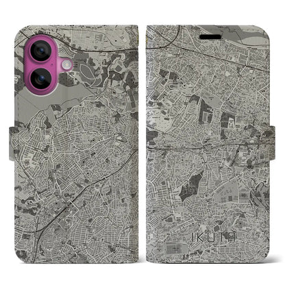 【生田（神奈川県）】地図柄iPhoneケース（手帳タイプ）モノトーン・iPhone 16 Pro 用