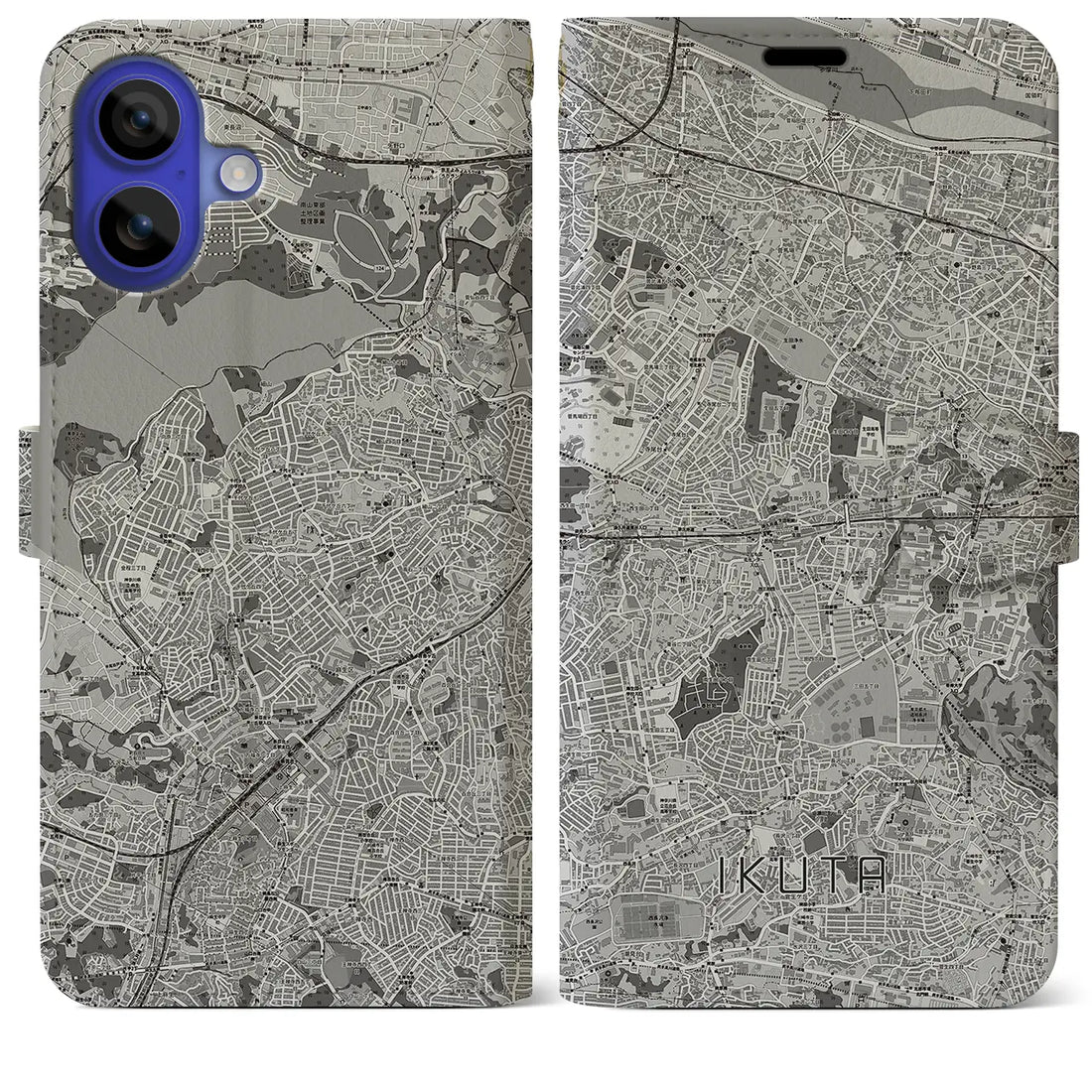 【生田(神奈川県)】地図柄iPhoneケース(手帳タイプ)モノトーン・iPhone 16 Pro Max 用