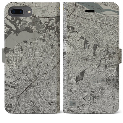 【生田（神奈川県）】地図柄iPhoneケース（手帳タイプ）モノトーン・iPhone 8Plus /7Plus / 6sPlus / 6Plus 用