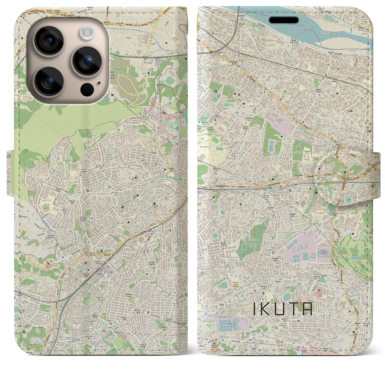 【生田（神奈川県）】地図柄iPhoneケース（手帳タイプ）ナチュラル・iPhone 16 Plus 用