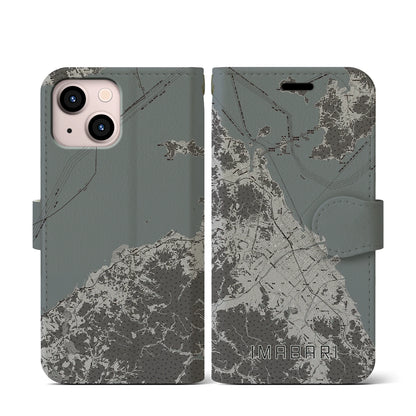 【今治2（愛媛県）】地図柄iPhoneケース（手帳タイプ）モノトーン・iPhone 13 mini 用