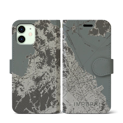 【今治（愛媛県）】地図柄iPhoneケース（手帳タイプ）モノトーン・iPhone 12 mini 用