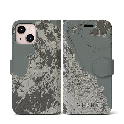 【今治（愛媛県）】地図柄iPhoneケース（手帳タイプ）モノトーン・iPhone 13 mini 用