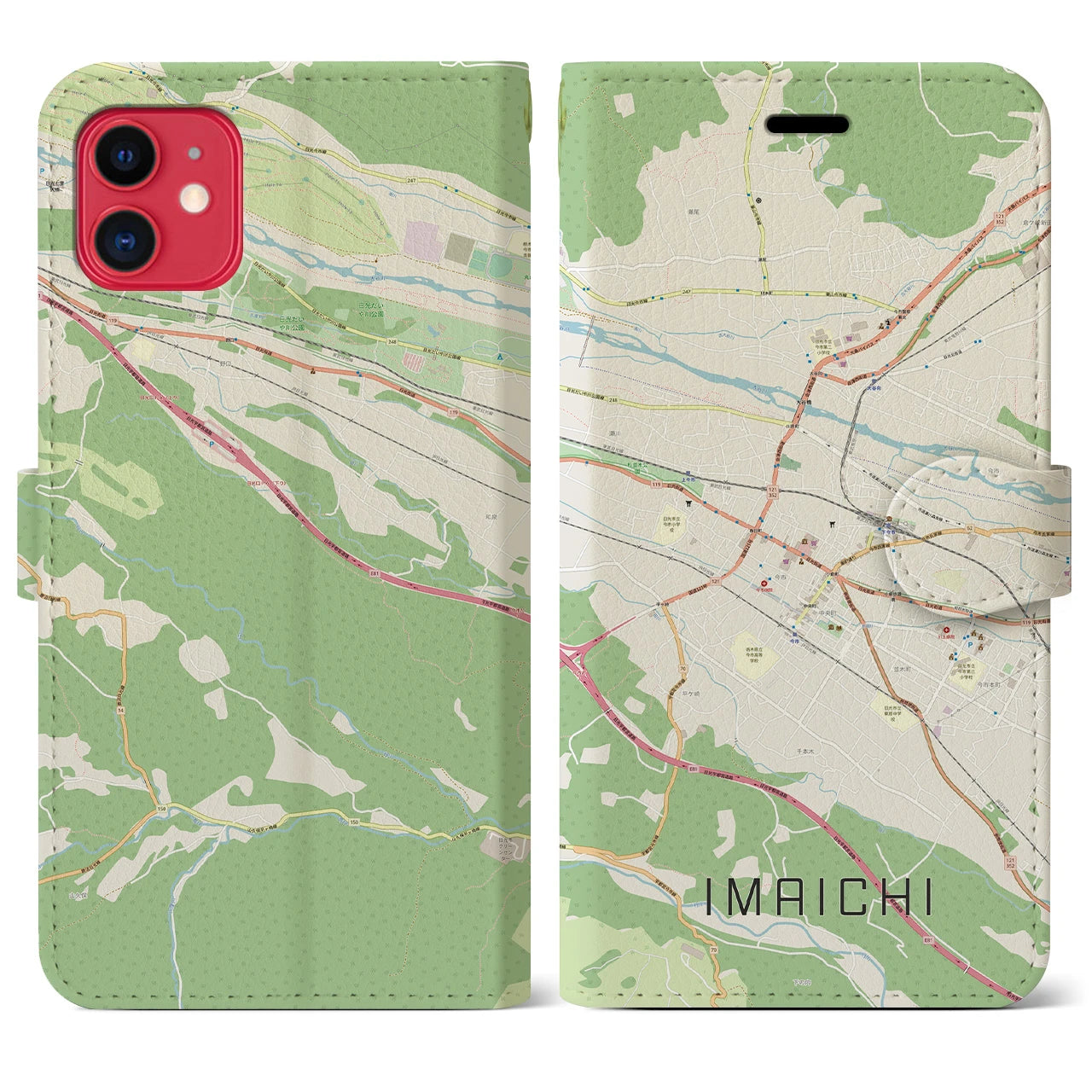 【今市（栃木県）】地図柄iPhoneケース（手帳タイプ）ナチュラル・iPhone 11 用