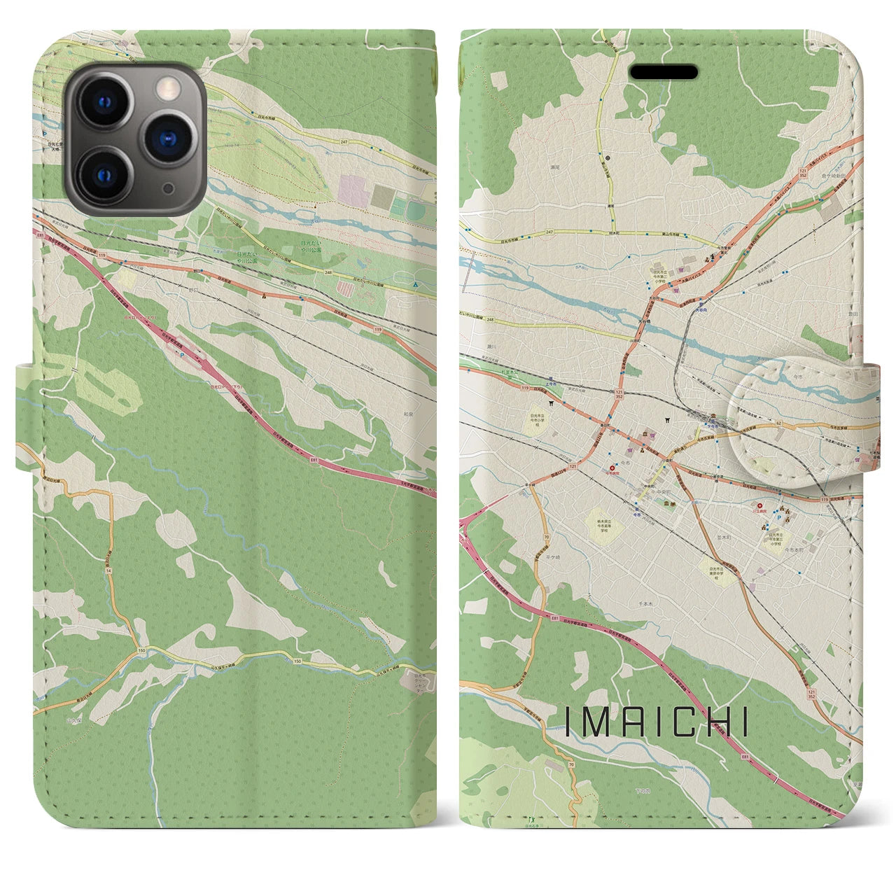 【今市（栃木県）】地図柄iPhoneケース（手帳タイプ）ナチュラル・iPhone 11 Pro Max 用