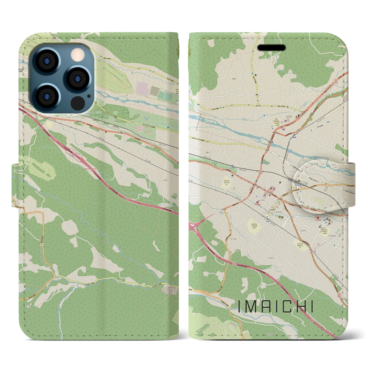 【今市（栃木県）】地図柄iPhoneケース（手帳タイプ）ナチュラル・iPhone 12 / 12 Pro 用