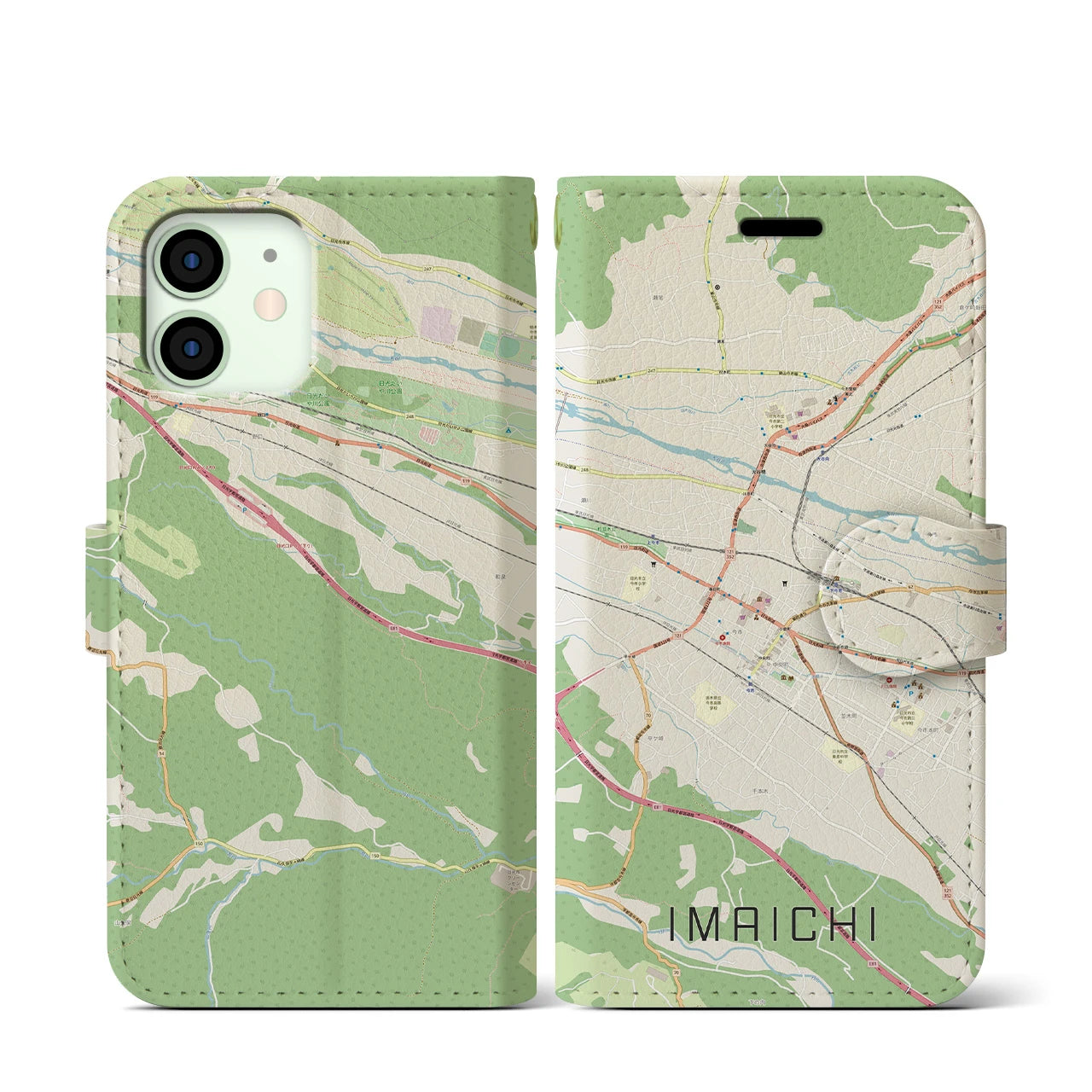 【今市（栃木県）】地図柄iPhoneケース（手帳タイプ）ナチュラル・iPhone 12 mini 用