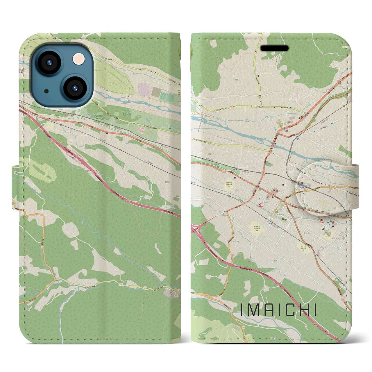 【今市（栃木県）】地図柄iPhoneケース（手帳タイプ）ナチュラル・iPhone 13 用