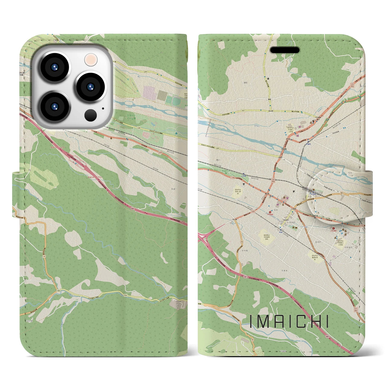 【今市（栃木県）】地図柄iPhoneケース（手帳タイプ）ナチュラル・iPhone 13 Pro 用