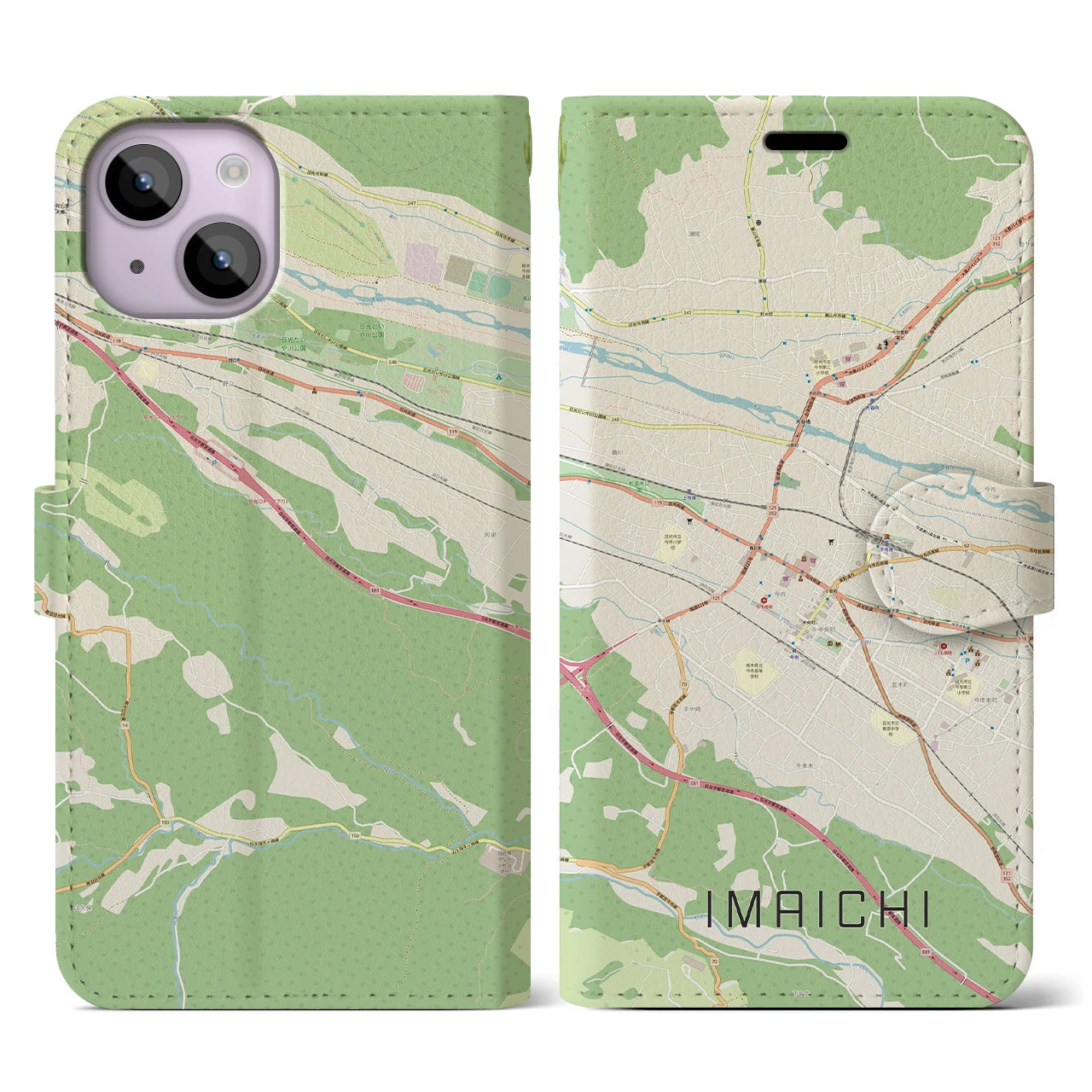 【今市（栃木県）】地図柄iPhoneケース（手帳タイプ）ナチュラル・iPhone 14 用