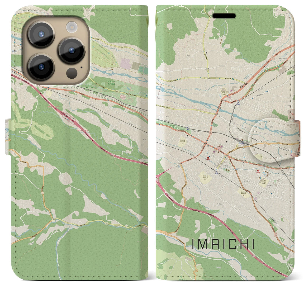 【今市（栃木県）】地図柄iPhoneケース（手帳タイプ）ナチュラル・iPhone 14 Pro Max 用