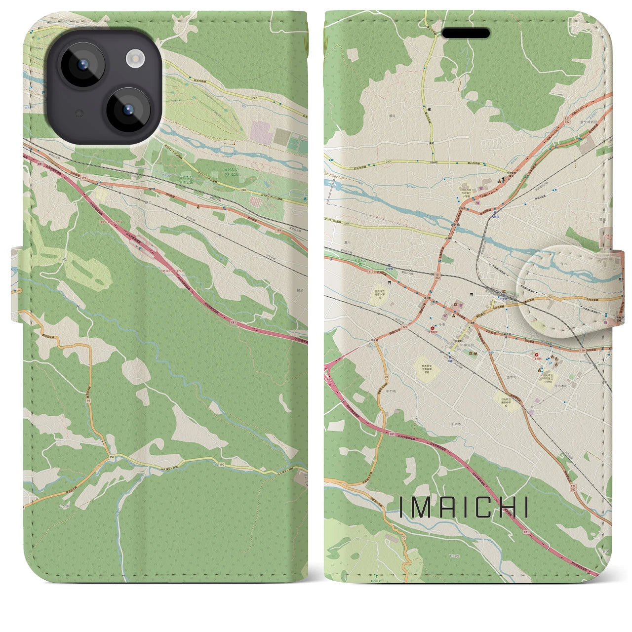 【今市（栃木県）】地図柄iPhoneケース（手帳タイプ）ナチュラル・iPhone 14 Plus 用