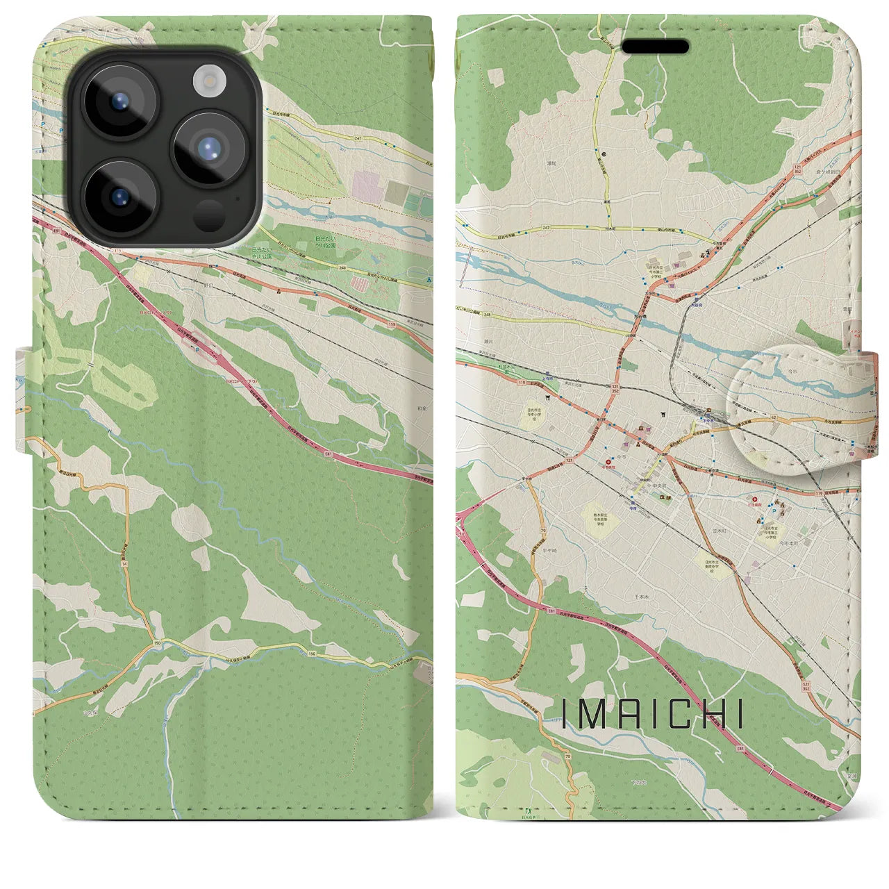 【今市（栃木県）】地図柄iPhoneケース（手帳タイプ）ナチュラル・iPhone 15 Pro Max 用