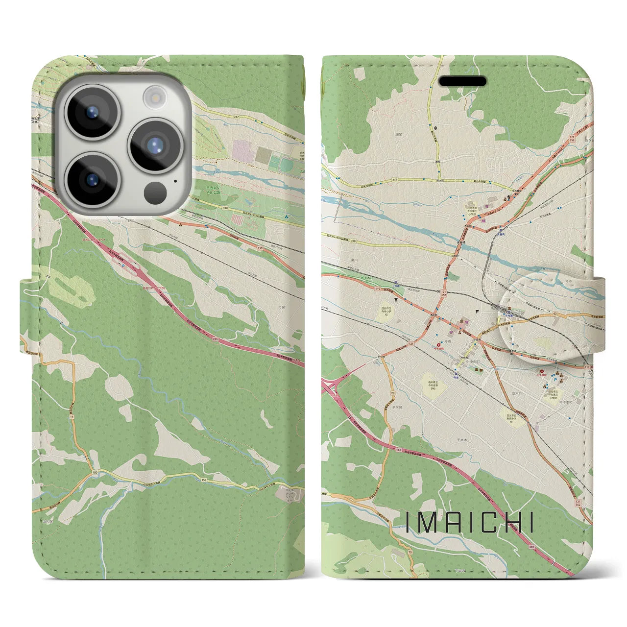 【今市（栃木県）】地図柄iPhoneケース（手帳タイプ）ナチュラル・iPhone 15 Pro 用