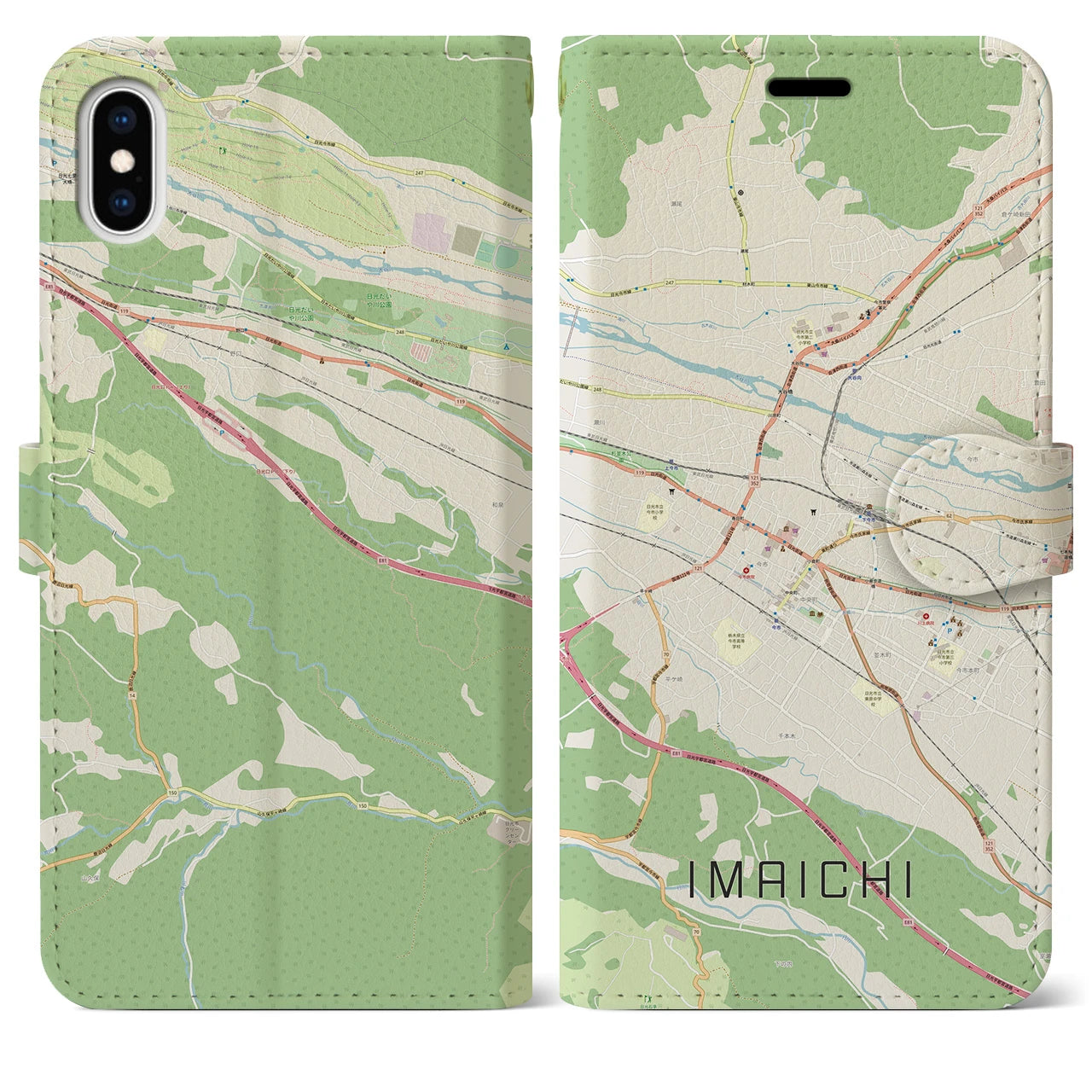 【今市（栃木県）】地図柄iPhoneケース（手帳タイプ）ナチュラル・iPhone XS Max 用