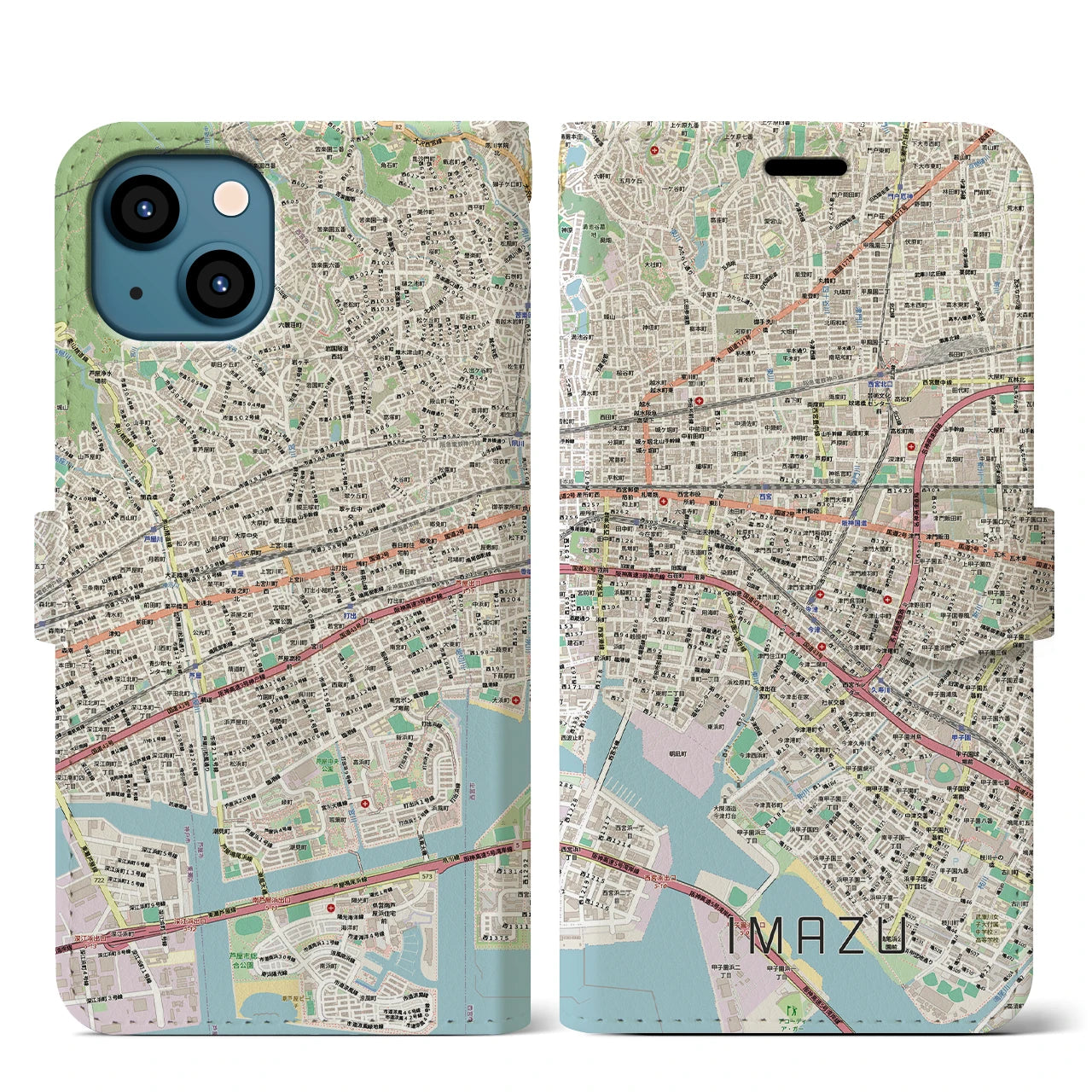 【今津（兵庫県）】地図柄iPhoneケース（手帳タイプ）