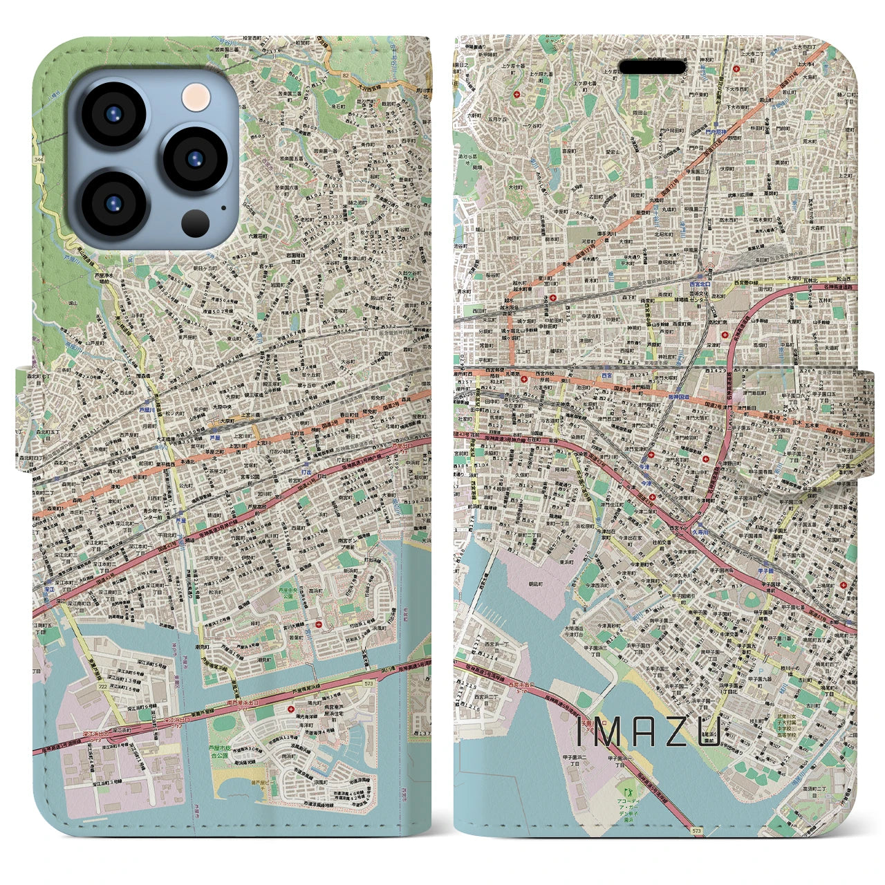 【今津（兵庫県）】地図柄iPhoneケース（手帳タイプ）
