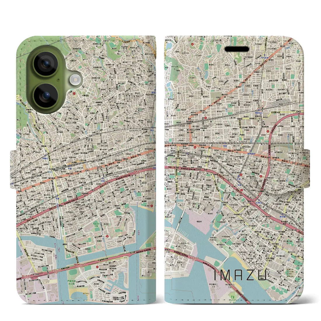 【今津(兵庫県)】地図柄iPhoneケース(手帳タイプ)モノトーン・iPhone 17 Pro Max 用