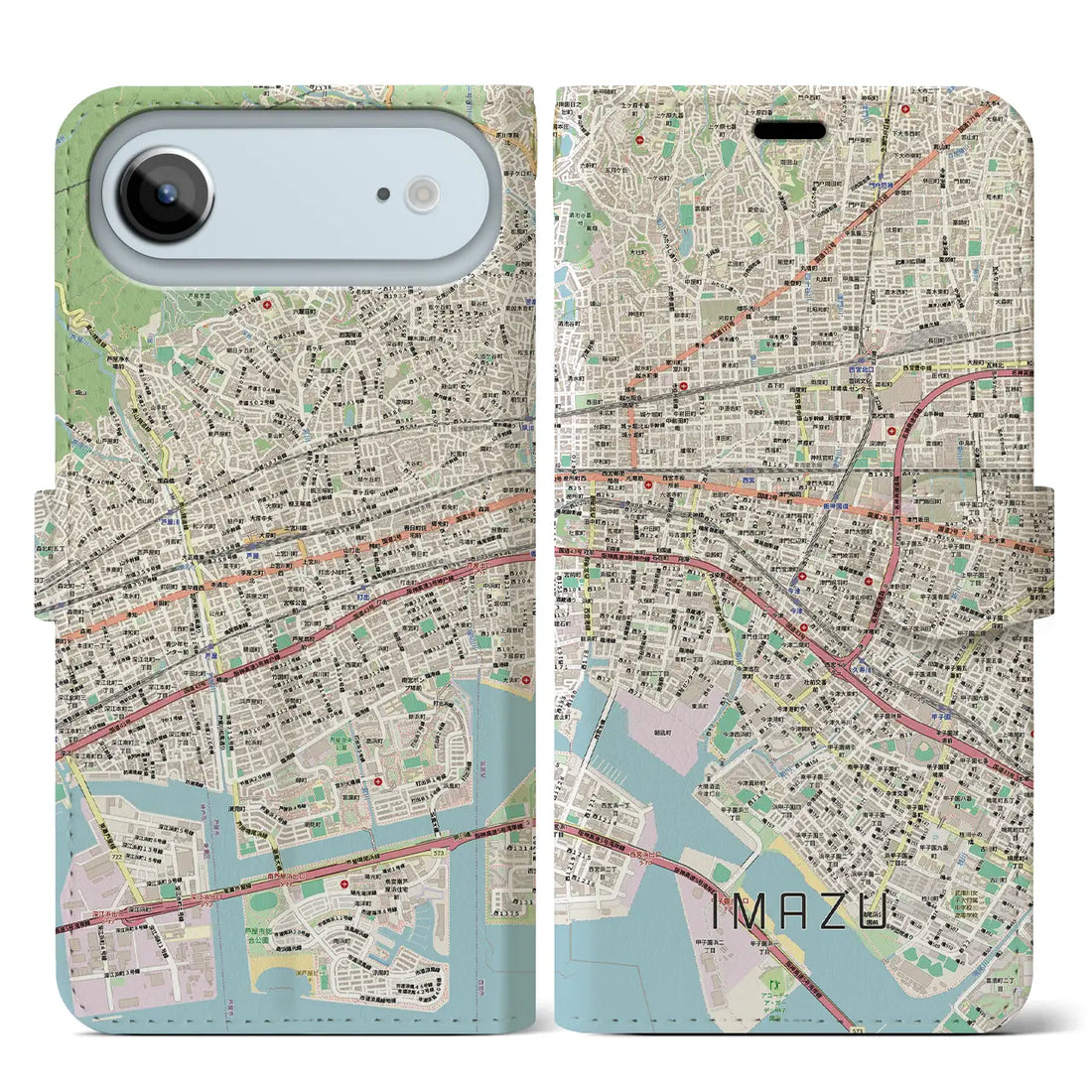 【今津（兵庫県）】地図柄iPhoneケース（手帳タイプ）ナチュラル・iPhone 17 Pro Max 用