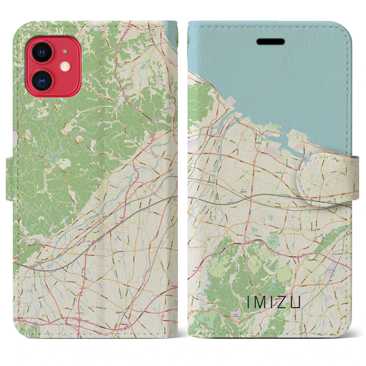 【射水（富山県）】地図柄iPhoneケース（手帳タイプ）ナチュラル・iPhone 11 用