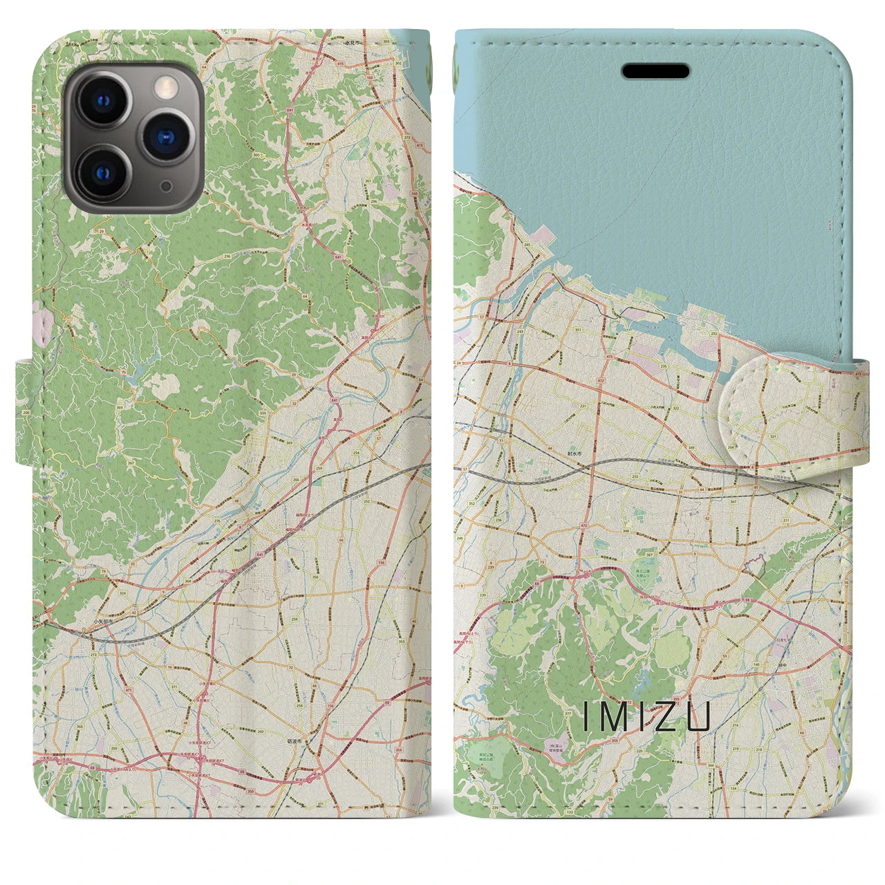 【射水（富山県）】地図柄iPhoneケース（手帳タイプ）ナチュラル・iPhone 11 Pro Max 用