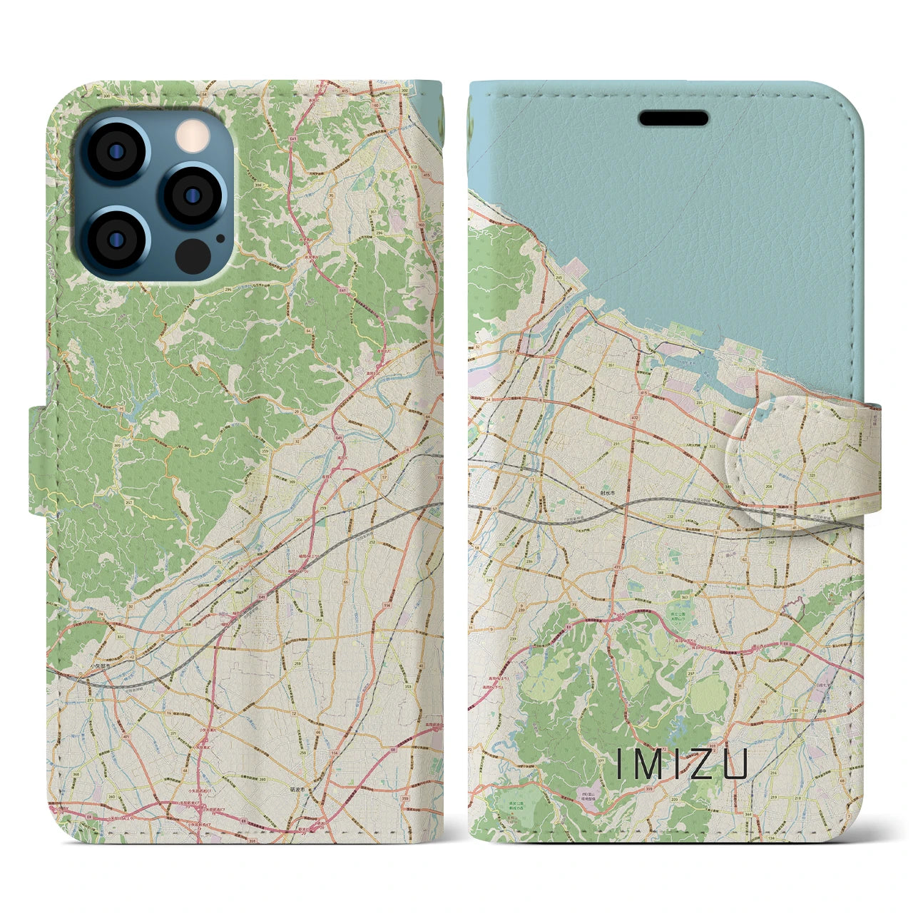 【射水（富山県）】地図柄iPhoneケース（手帳タイプ）ナチュラル・iPhone 12 / 12 Pro 用