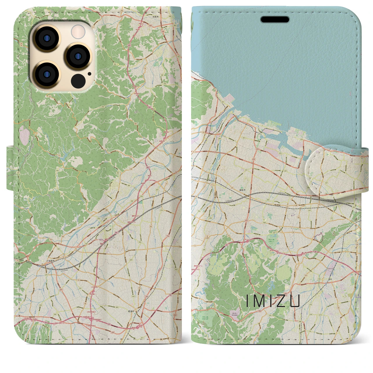 【射水（富山県）】地図柄iPhoneケース（手帳タイプ）ナチュラル・iPhone 12 Pro Max 用