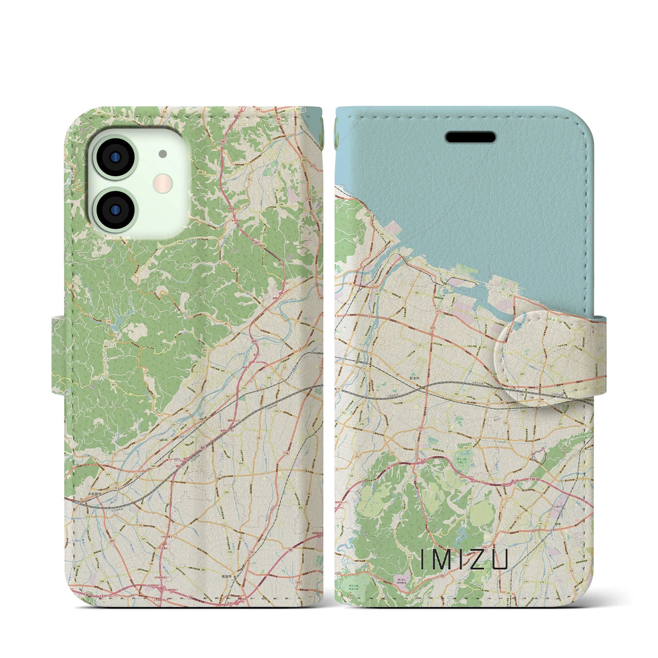 【射水（富山県）】地図柄iPhoneケース（手帳タイプ）ナチュラル・iPhone 12 mini 用