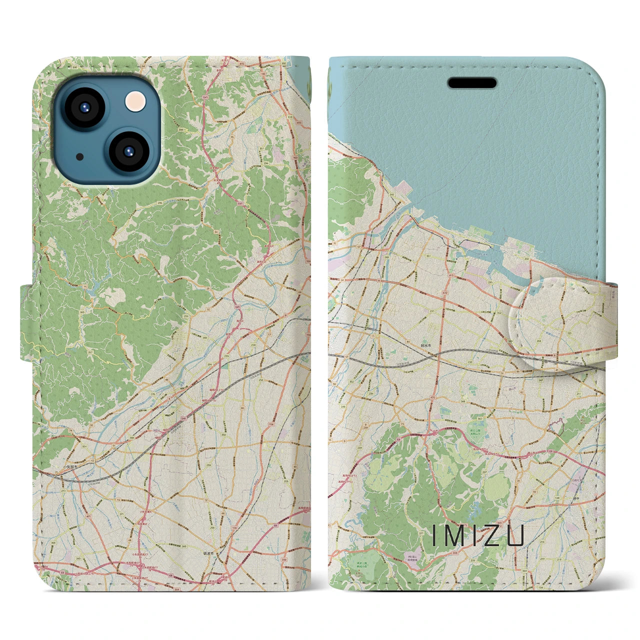 【射水（富山県）】地図柄iPhoneケース（手帳タイプ）ナチュラル・iPhone 13 用