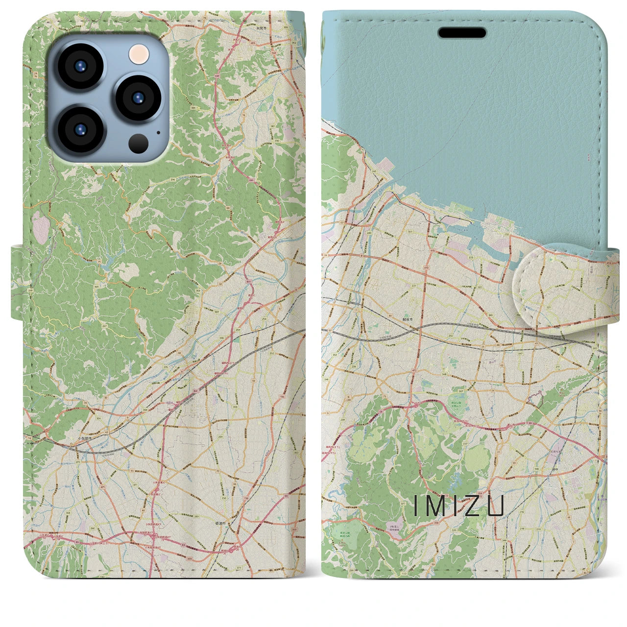 【射水（富山県）】地図柄iPhoneケース（手帳タイプ）ナチュラル・iPhone 13 Pro Max 用