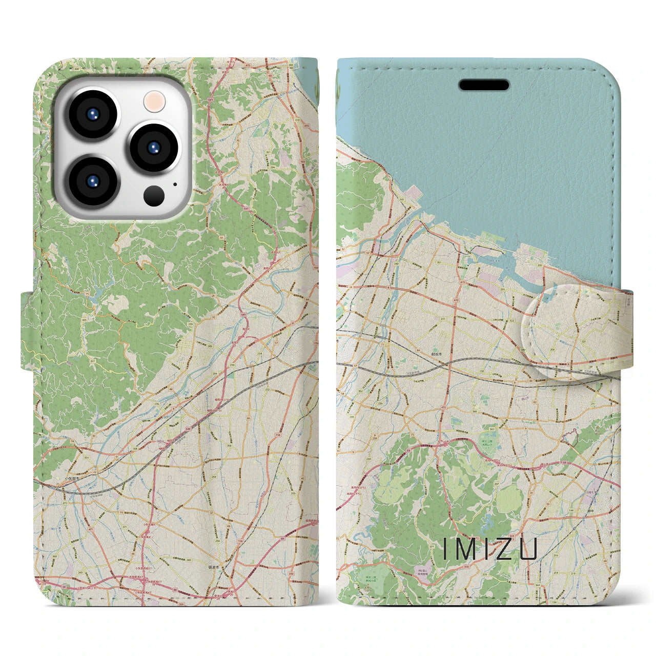 【射水（富山県）】地図柄iPhoneケース（手帳タイプ）ナチュラル・iPhone 13 Pro 用