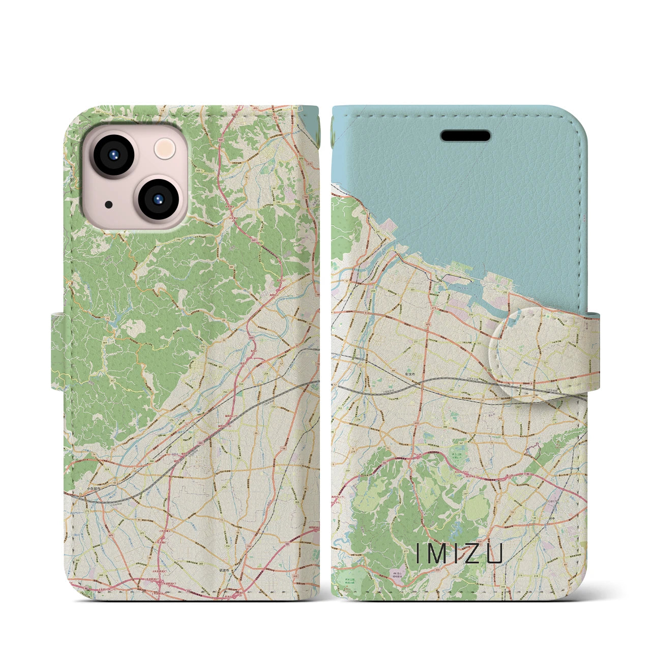 【射水（富山県）】地図柄iPhoneケース（手帳タイプ）ナチュラル・iPhone 13 mini 用