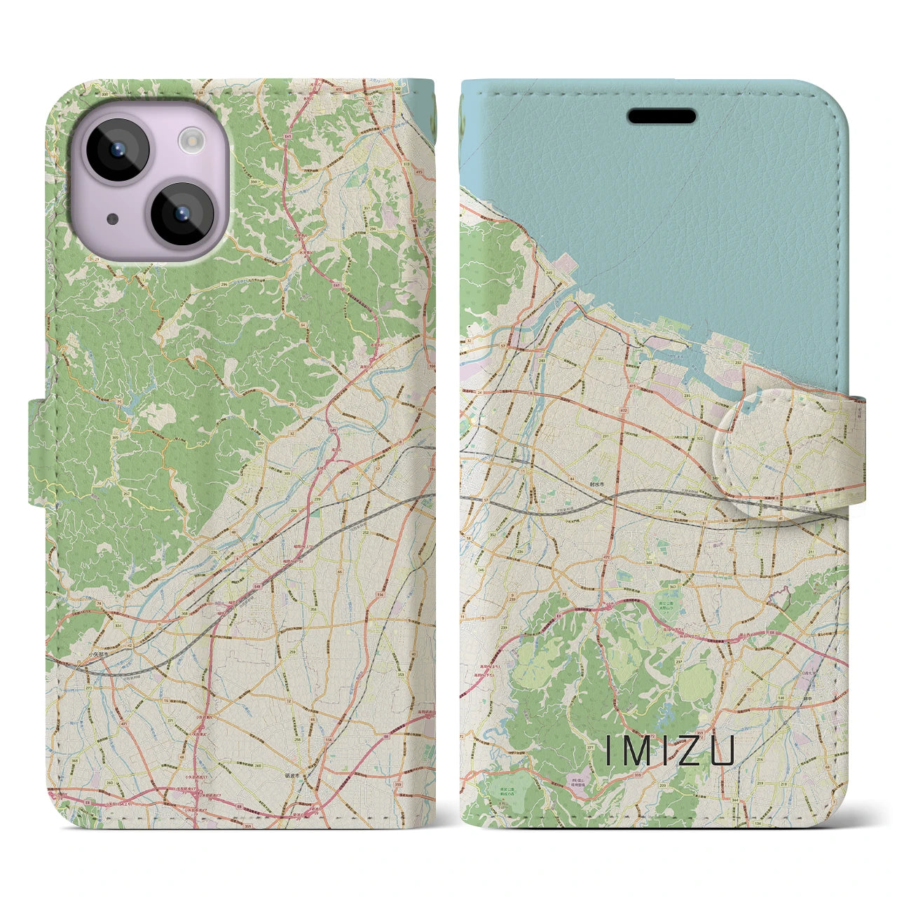 【射水（富山県）】地図柄iPhoneケース（手帳タイプ）ナチュラル・iPhone 14 用