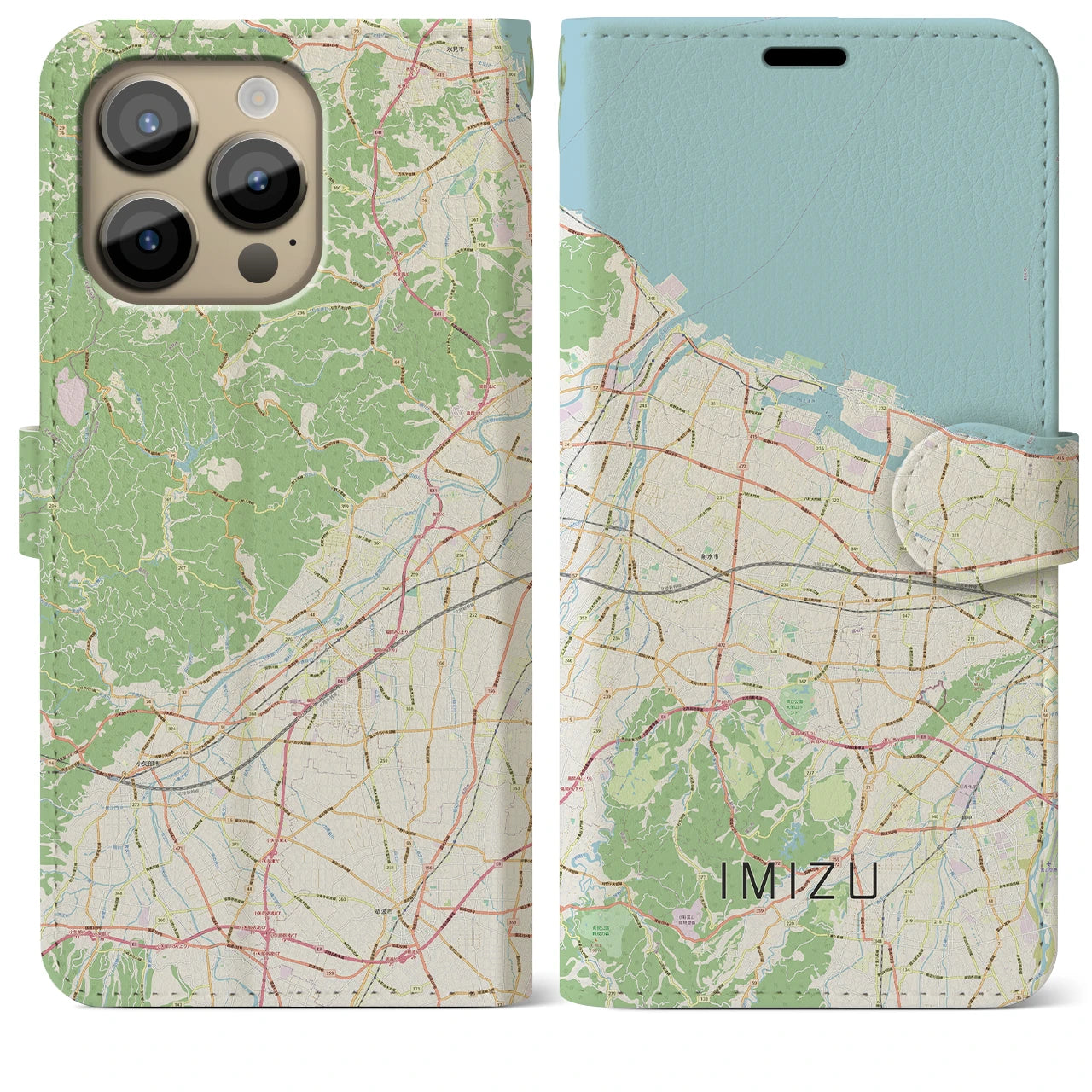 【射水（富山県）】地図柄iPhoneケース（手帳タイプ）ナチュラル・iPhone 14 Pro Max 用