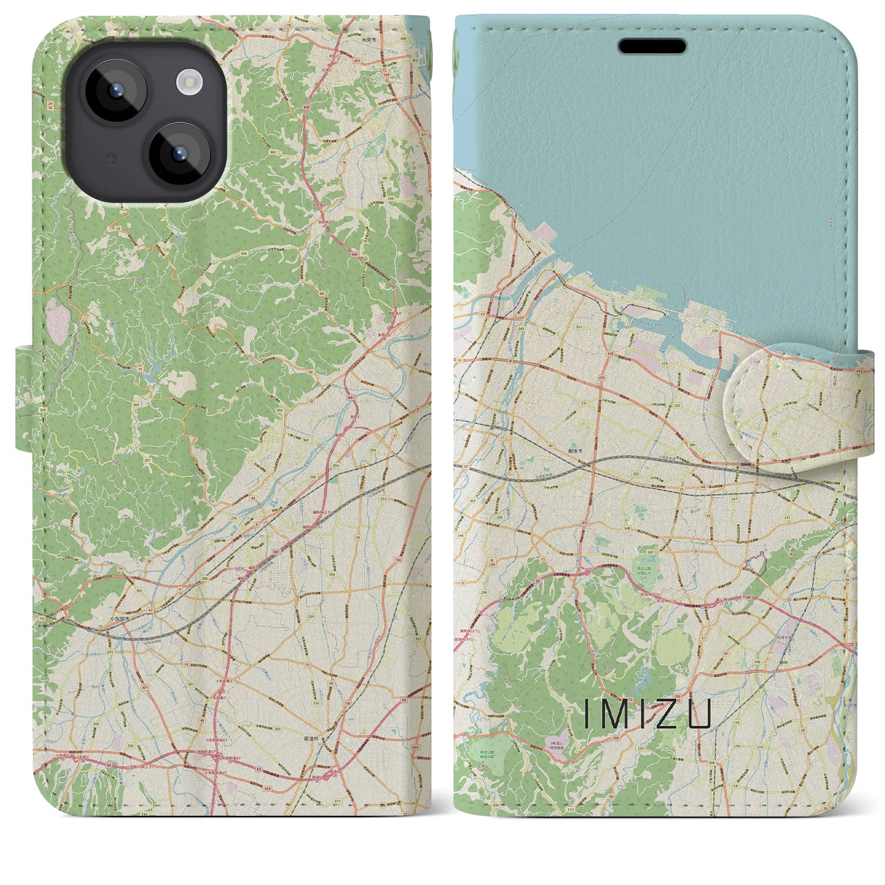 【射水（富山県）】地図柄iPhoneケース（手帳タイプ）ナチュラル・iPhone 14 Plus 用