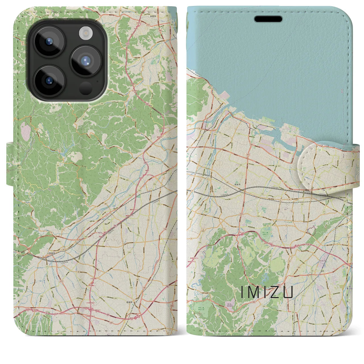 【射水（富山県）】地図柄iPhoneケース（手帳タイプ）ナチュラル・iPhone 15 Pro Max 用